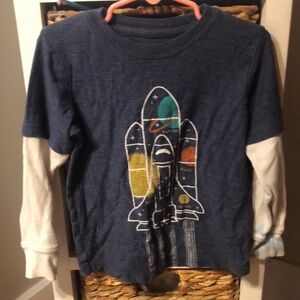 Blue and White Long Sleeve Tee with Rocket Graphic